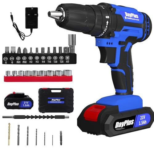 Cordless Drill Set, 21V Electric Power Drill with 1500Amh Battery & Charger, Torque 45NM, 25+1 Torque Setting, 2 Various Speed, LED Lights with 26pcs Drill Driver Bits Kit & Screws Set, Hand Case