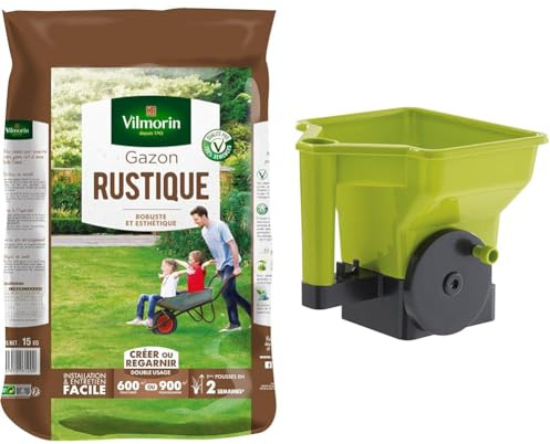 Vilmorin 4460418 Gazon Rustique, Vert, 15 kg & Semoir à Gazon/Engrais à manivelle - Dosage précis et Pratique des Produits à répandre - 21 cm x 24 cm x 22,5 cm - Contenance : 3 litres - Vert et Noir