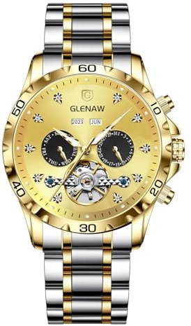 Automatikuhren für Herren, Strass Edelstahlband Tourbillon Skelett Automatische Aufzug Mechanische Uhr Tag Datum Monat Jahr Herrenuhr Geschenk, Gold, Modern