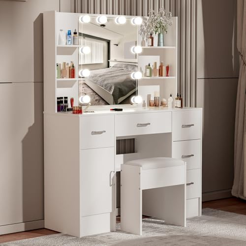Saimeihome Dressing Table with Mirror and Stool, Vanity Table with Mirror and 3-Color Adjustable Lighting, Large Vanity Desk with 5 Drawers, 6 Shelves, 1 Cabinet 100x40x140cm