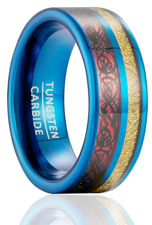 SOXEMAN | Fascia Doppio Drago e Nuvola - Anello Nuziale in Tungsteno Blu Larghezza 8mm | Design Orientale Unisex (Misura USA) | Azzurro Reale e Oro | Misura USA 8 (56,9 mm)
