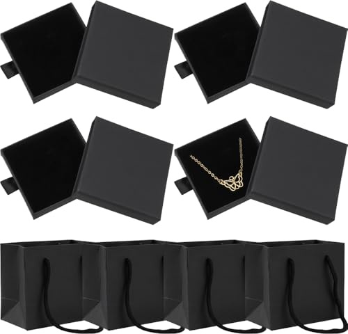 WZHHDM Schmuckkästchen, 4 Stück Schwarz Schmuckschatulle, Schublade Quadrat Geschenkschachtel, Schmuck Organizers für Armbänder Armreife Schmuck Geschenk Enthält 4 Tragetaschen