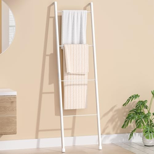 Staande handdoekhouder van wit metaal - handdoekladder voor decoratieve badkamer, woonkamer, keuken, houder voor handdoeken, dekens, stoppen (4-laags, wit)