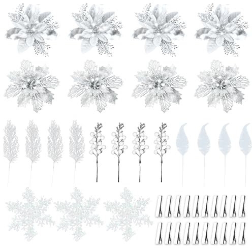 Embravfire 24PCS Silver Christmas Artificial Poinsettia with Glitter Leaves, White Berry Stems, Glitter Feathers, Xmas Tree Decoration for Wreath, Garland, Wedding Decor