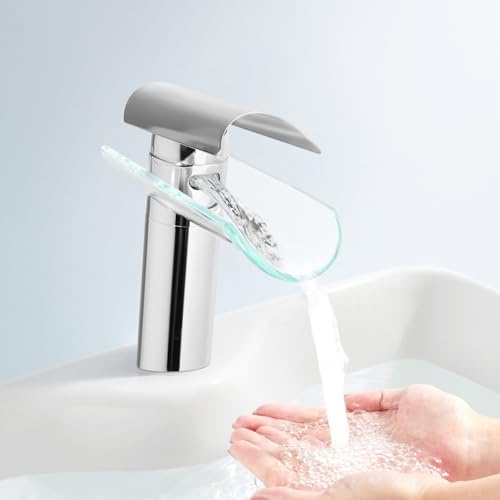 Grifo de cristal para baño y lavabo, color plateado y negro, de acero inoxidable, monomando, cascada