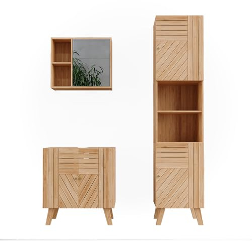 Vicco Set di mobili da bagno Lucie, Bambù, 60 cm, composto da mobile sottolavabo, specchiera e colonna alta