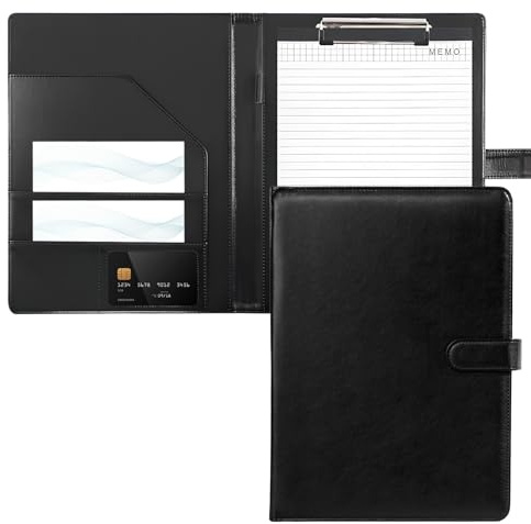 Carpeta con Clip A4 con Tapa – Carpeta de Cuero PU, Estuche de Escritura con Compartimentos para Documentos, Portalápices & Cierre Magnético – Carpeta Profesional para Conferencias (Negro)
