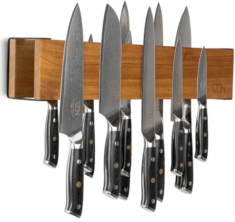 Magnetischer Messerhalter Akazienholz - Extra großes 3-seitiges Messerregal - 21 bis 27 Messer - Messerleiste Aufhängungssystem - Platzsparend & Stabil - VDN