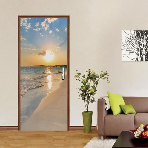 Door Sticker,Peel and Stick Vinyl Door Decals,Self-Adhesive Mural for Home Decor, 30.3 W x 78.7 L,Set of 2 Sheets,Beach Sunset