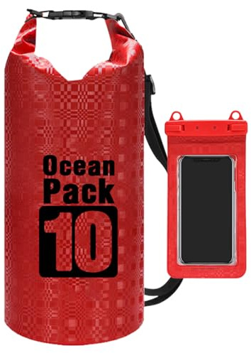 Dry Bags wasserdichte, leichte Drybag, Outdoor-Rucksack, Seesack mit Schultergurten; Schwimm-, und Bootstasche mit Handyfach (Rastermuster, 10 Liter), PVC, kariert, Eimer-Schulter, rot, Refer