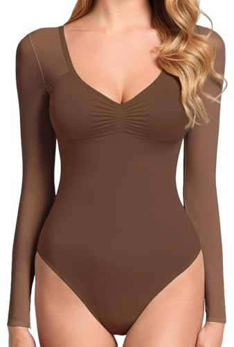 GJY Body para mujer, sexy, cuello en V, manga larga, malla sin espalda, body moldeador corporal, traje de una pieza, adecuado para salir, marrón rojizo, S