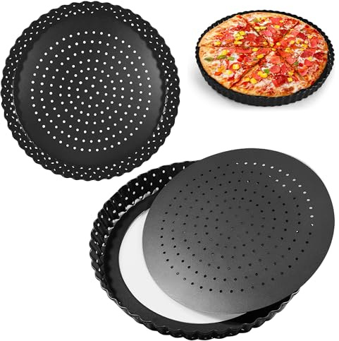 AZKEEGREY 2 Pack Perforated Quiche Tins with Loose Base 24 cm, Non-Stick Perforated Flan Tin with Loose Base, Round Quiche Dishes with Holes for Baking