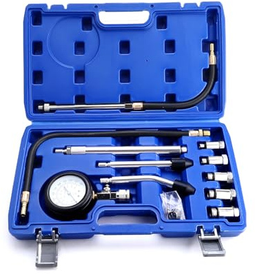 FreeTec 11pcs Engine Compression Tester Kit, Dual Scale 0–300 PSI / 0–20 Bar – Includes M10, M12, M14, M16 & M18 Adaptors – Diagnostic Tool for Petrol Engines