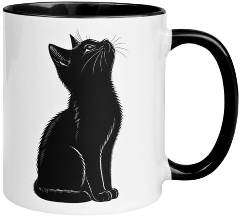Katzen Geschenk Tasse | Nach oben schauende schwarze Katze | Katzentasse