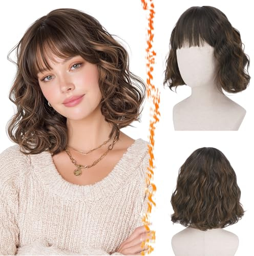 BARSDAR Perruque avec Franges, Courte Ondulée Perruque Bob Mix Brun pour Femmes Bouclée Bob Perruques avec Franges Synthétiques D'aspect Naturel Cheveux Perruques Wear Cosplay Partie