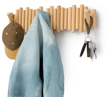 Umbra Picket Coat Rack with 8 Hooks – Natural Wall-Mounted Coat Rack with Flip-Down Wooden Hooks, Real Pine Wood Decorative Wall Storage for Jackets, Hats, Scarves, Bags, Entryway, Bedroom Living Room