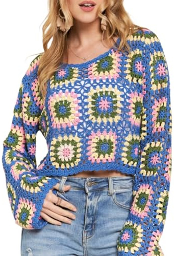 ESSECMBS Pull Court Femme en Crochet Granny Square Motif Floral Bohème, Manches Longues Col Rond, Coupe Détendue & Cache-Corps, Taille Unique, Multicolore (Bleu Royal, S)
