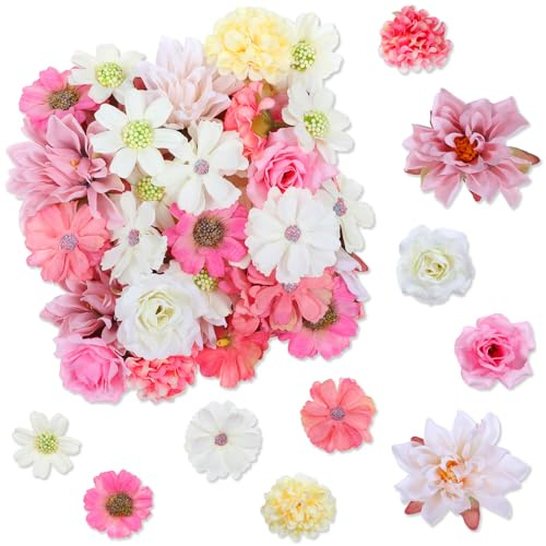 XLIUAX 50 stycken konstgjorda blommor för pyssel, konstgjorda blommor dekoration, 10 sorter rosa vit tårtdekoration blommor konstgjorda blommor dekoration för gör-det-själv pyssel scrapbooking bröllop