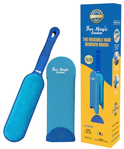 Fur Magic Pet Hair Remover Brush, Easy Open Self-Cleaning Base, Dogs & Cats | Blue, reusable, double-sided, removes lint and fur from clothes, carpets, sofas and stairs, furniture, sofas, upholstery