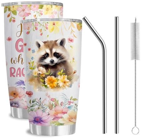 Tvättbjörnar, drickflaska med sugrör, rostfritt stål termosmugg läckagesäker, termosmugg med handtag och lock, 2 sugrör och 1 sugrör, borste, tvättbjörnsmugg för kaffe, te, smoothies