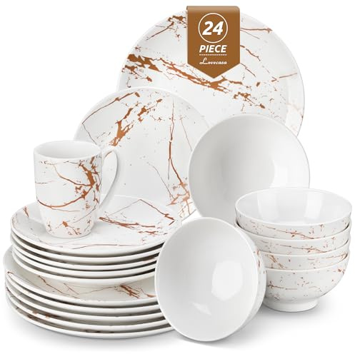 LOVECASA Daphne - Vajilla Completa 24 Piezas para 6 Personas, Juego de Vajilla Porcelana Mármol Blanco y Dorado, Incluye Platos Llanos, Platos de Postre, Cuencos y Tazas, Servicio Mesa Moderno