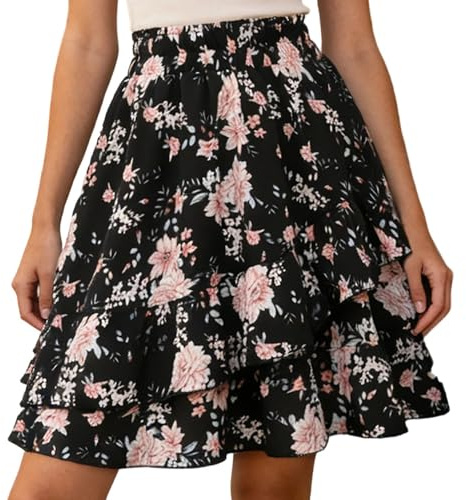 Jupe Boheme Femme Taille Élastique- Jupe Ete Imprimé Florale Évasé Volants Superposés Trapèze Chic Et Elegant Décontracté D'été Fluide Léger Comfortable Tous Les Jours De Plage Skirt
