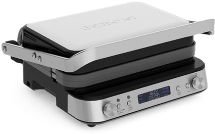 GreenPan Bistro Electric Contact Grill and Griddle, Indoor Stainless Steel 6-in-1 Grill, Healthy Ceramic Nonstick, Dishwasher Safe Reversible Plates, PFAS-Free