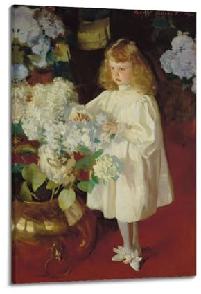 John Singer Sargent Famous Painting Posters Girl Portrait with Vase of White Hydrangeas Flowers Canvas Painting Wall Art Decorative Picture Prints Modern Decor 20x30inch(50x75cm)