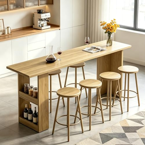 Mesa Bar de Madera Maciza con Almacenaje, Mesa Alta Cocina, Mesa Estrecha y Larga, Altura de Barra, Tablero Grueso 2,5 cm, para Cocina, Salón,Bares, etc.