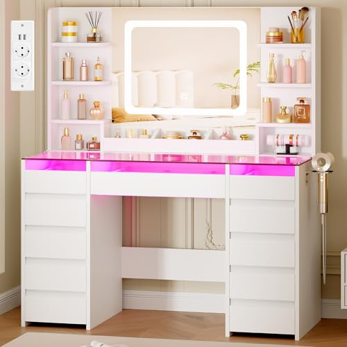 BEWISHOME Coiffeuse avec Miroir LED et Éclairage RGB,Bureau en Verre
