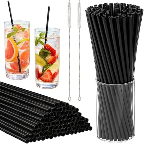 SPOKKI 100 Strohhalme Schwarz 26 x 0,6 cm,PP Trinkhalme mit 2 Edelstahl Reinigungsbürsten, lange schwarze Strohhalme für Cocktails, Kaffee, Milch, Saft, Party, Bar und Café