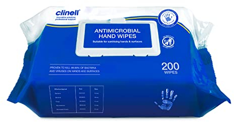 Clinell Antimicrobial Hand Wipes - Pack of 1 - 200 Wipes - Antibacterial, Suitable for Hands and Surfaces - Dermatologically Tested, Kills 99.99% of Germs