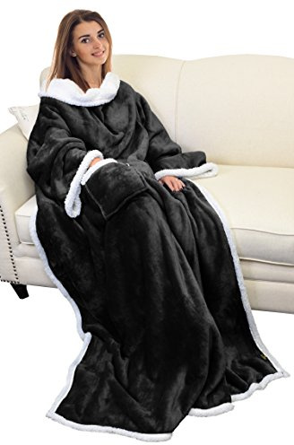 Catalonia Classy Decke mit Ärmeln als Geschenk für Frauen Herren, Flauschig Sherpa Kuscheldecke mit Ärmel, Cozy Ärmeldecke Warm Decke zum Anziehen Erwachsene, 185 x 140 cm Schwarz
