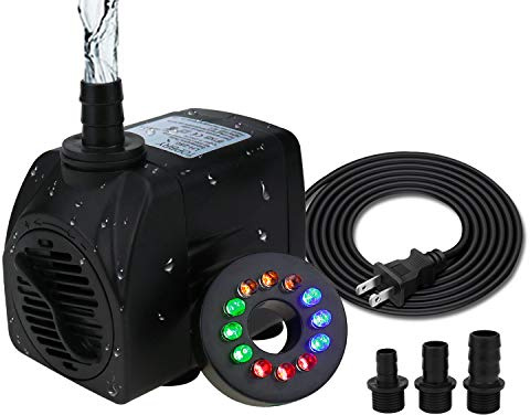 TOPBRY 400 GPH Submersible Fountain Pump (1800L/H, 25W), Ultra Quiet 12 LED Colorful Pump Lights with 3 Nozzles, 6 Feet Power Cord for Fish Tank, Pond, Aquarium, Statuary, Hydroponics