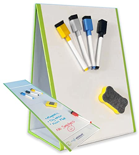 Magic Whiteboard Easel for Kids - A4 Foldable Kids Easel Double Sided with 4 Coloured Dry Erase Pens & Eraser - Easy Clean, Portable, & Magnetic Drawing Board for Arts, School, & Home