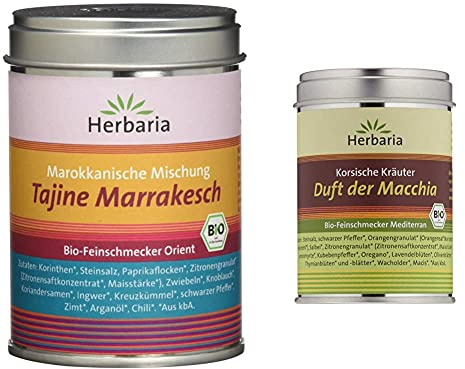 Herbaria Tajine Marrakesch Marokkanische Gewürzmischung, 1er Pack (1 x 100 g Dose) - Bio & Duft der Macchia Korsische Kräuter, 80g