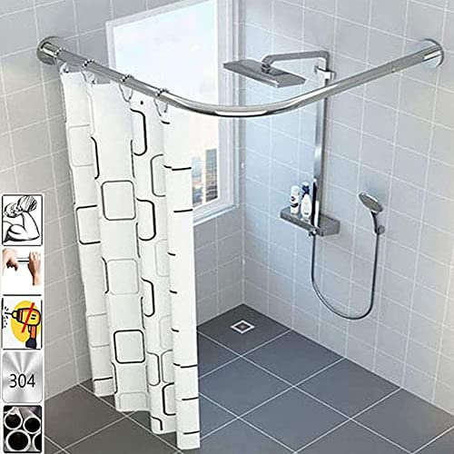 TTFFWW Regolabile Asta Tenda Doccia Angolare,Acciaio Inox Palo Telescopico Barra di Tensione,Bastone Tenda Doccia a Pressione Curvo,Senza Forare,per Bagno,Vasca da Bagno,Silver,70-95 * 70-95cm