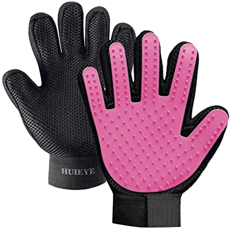 HUIEYE Gant De Toilettage pour Animal Nettoyage pour Animaux De Compagnie Gants De Massage Conception De Cinq Doigts pour Toilettage De Votre Chien Chat Outil Efficace pour Enlever Les Poils（Rose）