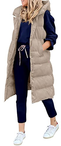 LEANI Womens 2025 Long Puffer Vest Full-Zip Hooded Sleeveless Down Jacket Coats with Pockets Khaki Small