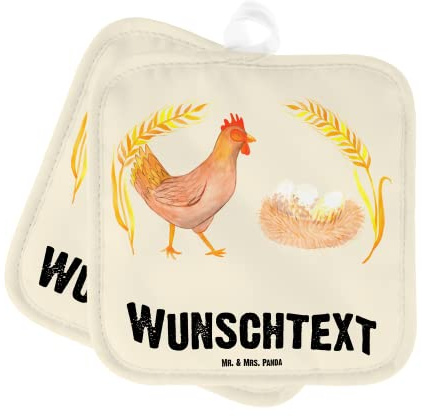 Mr. & Mrs. Panda Personalisierte Topflappen Huhn Stolz - Geschenke, Set Personalisiert, Topfhandschuhe, Hühner, Spruch, Bedrucken, Geburt, selbst gestalten, Eier, Landwirtin, mit Namen, Hahn