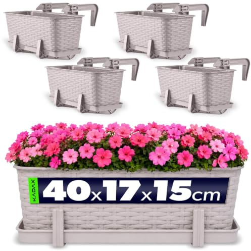KADAX Macetas de Plástico Imitación Ratán, Maceteros Rectangulares con Platillos y Soportes para Exterior, Jardineras Colgantes (4: Caramelo, 40 cm)