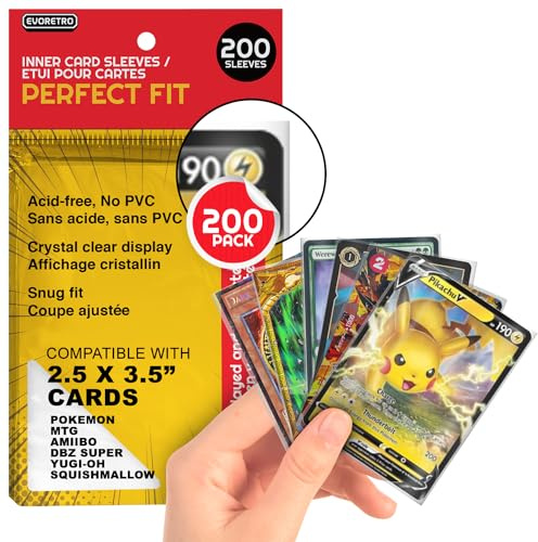 EVORETRO Perfect Fit Card Sleeves - 200 Clear Penny Sleeves for Pokemon Cards, MTG, Yu-Gi-Oh, Lorcana, One Piece, Dragon Ball - Standard Size Trading Card Sleeves 2.5x3.5 in (6.35 x 8.8cm)