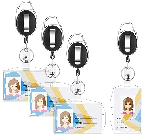 JIANTA Einziehbarer Schlüsselanhänger Set, 4 Stück Schlüsselband Ausziehbar Mit Transparente Kartenhalter Daumenausschub, Schlüsselring Retractable Badge Reel mit ID Card Badge Holder Dual-Use