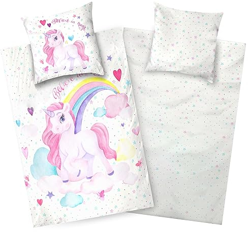 Aminata kids Einhorn Bettwäsche 135x200 Mädchen Biber Flanell Baumwolle - weiß rosa - Regenbogen Reißverschluss ÖkoTex - Herzen Sterne - Tier-Pferde-Motiv warm & weich