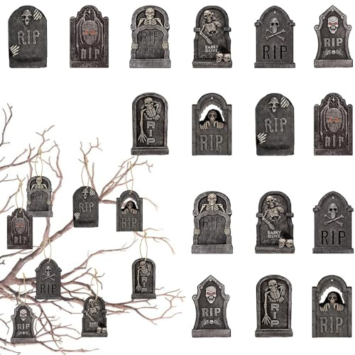 16 Stück Halloween Anhänger Grabstein, Kleine Papier Halloween Charms mit Hanfseil, Halloween&Pendant Charm Anhänger für Schwarze Geist Fledermaus DIY Handwerk Festival Dekoration zum Aufhängen