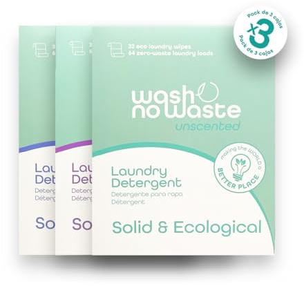 Wash no Waste - PACK 3. Tiras de Detergente para lavadora (192 lavados). Hipoalergénico y Biodegradable. Efecto suavizante. Gran poder de limpieza. Vegano y Cruelty Free. Plastic free. (Mix)