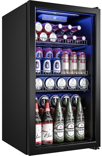 Manastin Beverage Refrigerator Cooler-130 Cans Freestanding Mini Fridge Cooler with Glass Door, Adjustable Shelves & Digital Temperature Display for Soda, Wine or Beer (Black, 3.2 Cu.Ft)