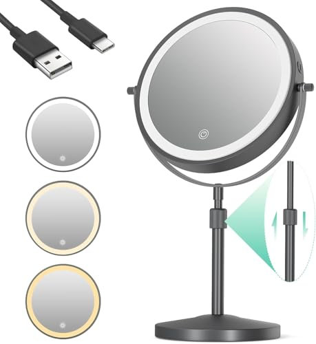 iklestar 20,3 cm Espejo Aumento con luz LED, Altura Ajustable Espejo de Maquillaje con luz, 1X/10X Espejo tocador con Luces, 3 Modos de Color y 360° de Rotación Iluminado Espejo de Maquillaje, Negro