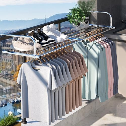 SXKJQER Stendino Pieghevole Multifunzionale in Acciaio Inossidabile e Plastica, 34-63 Pollici, Per Balconi, Finestre, Esterni, Asciugatura Vestiti e Trapunte