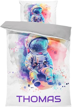 Pictogogo Wasserfarben Astronaut-Design Kinderbettwäsche für Mädchen und Jungen, Personalisiert, Wählbare Unterfarbe (Weiß, Rosa, Blau, Grau), Oeko-TEX, 135 x 200 cm
